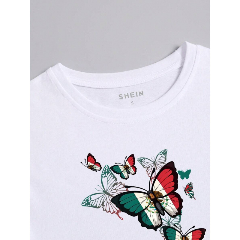 Тениска с пеперуден принт, кръстосана търговия, стандартна версия, къс ръкав, флис подплата, смес от влакна на млечен протеин 51–70%