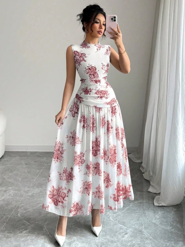 Poliester haljina s florálnim printom, A-linija, bez rukava, duga, okrugli izrez, elegantan poslovni stil, ljeto 2025