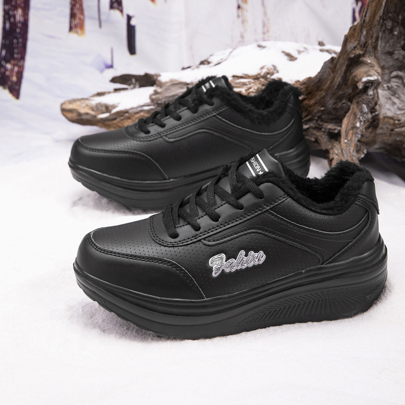 Női meleg otthoni cipő plüss béléssel, kényelmes rock stílusú, felső rész műbőr, EVA talp, PU belső talp, sarok 3–5 cm