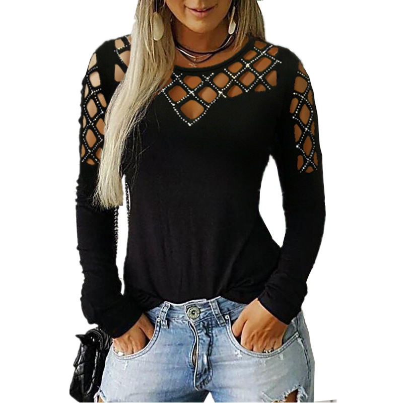 Tee s dugim rukavima, ulični hipster stil, ukrašena kamenčićima tehnikom hot drill, pamuk-mješavina materijal (51-70% pamuk, 10-29% poliester), okrugli izrez