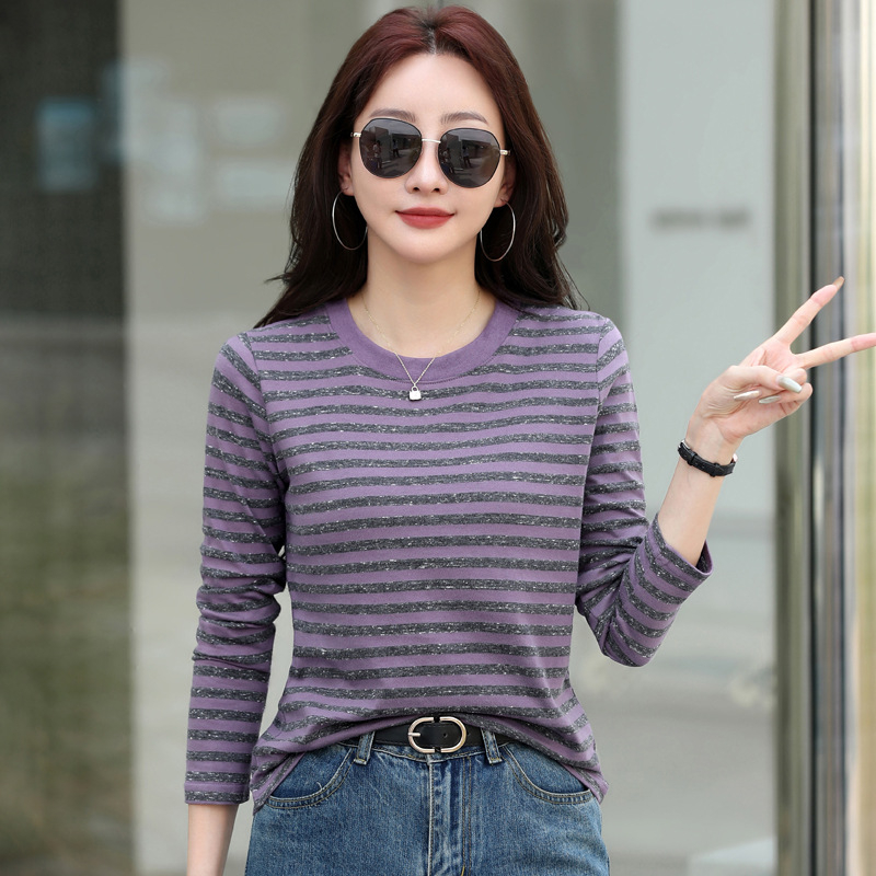 Prugasta majica s dugim rukavima – straight kroj, okrugli izrez, 70–80% pamuk, <30% poliester, japansko-korejski casual stil