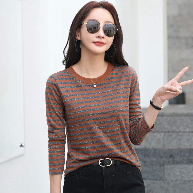 Prugasta majica s dugim rukavima – straight kroj, okrugli izrez, 70–80% pamuk, <30% poliester, japansko-korejski casual stil