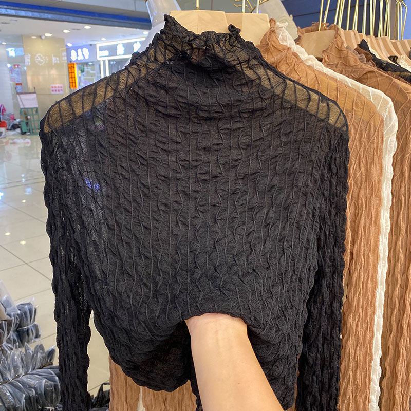 Dámsky top s vysokým golierom z sieťoviny a čipky, dlhé rukávy, 50-70% elastán, jar 2024