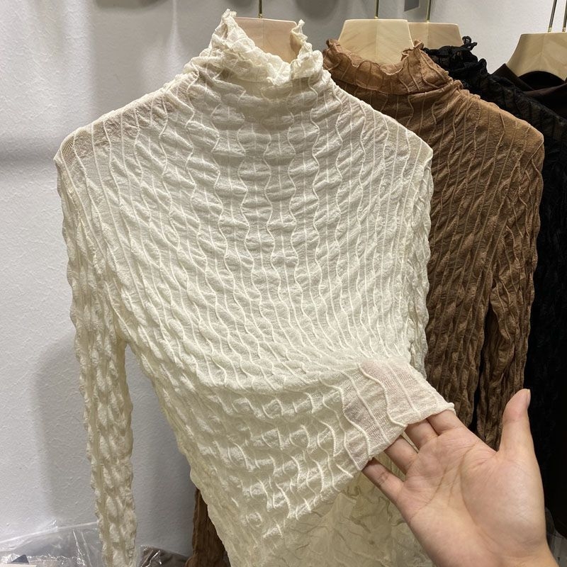 Dámsky top s vysokým golierom z sieťoviny a čipky, dlhé rukávy, 50-70% elastán, jar 2024