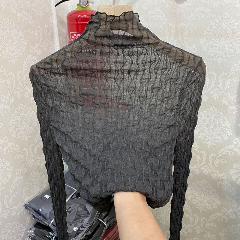 Dámsky top s vysokým golierom z sieťoviny a čipky, dlhé rukávy, 50-70% elastán, jar 2024