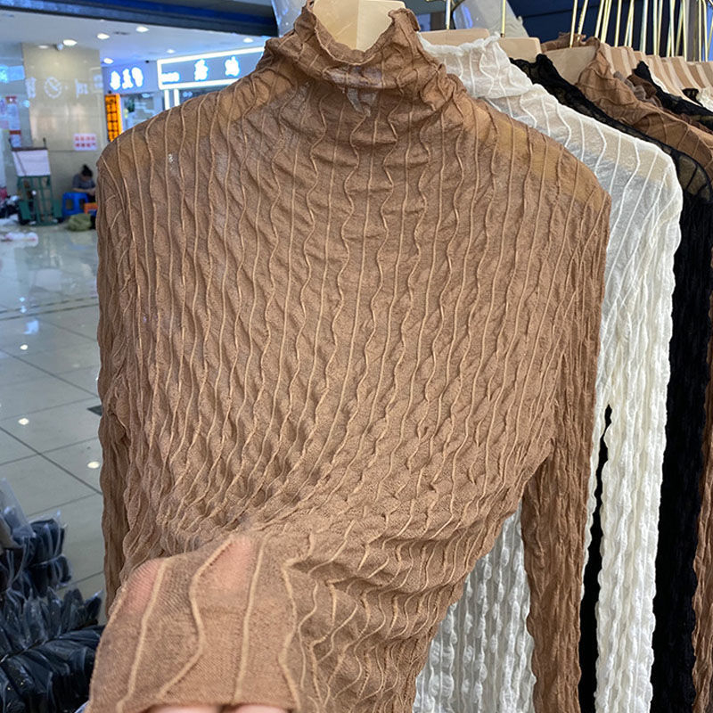 Dámsky top s vysokým golierom z sieťoviny a čipky, dlhé rukávy, 50-70% elastán, jar 2024