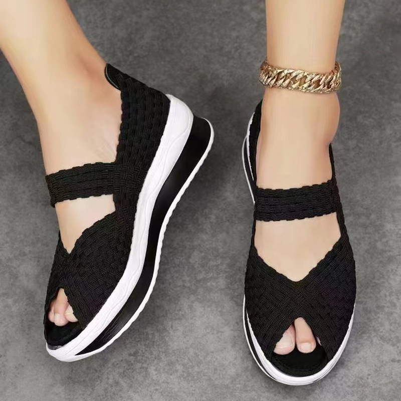 Suaugusiųjų sportiniai sandalai, viršutinė medžiaga iš audinio, EVA padas, piršto forma kaip žuvies burna, klininis kulnas, pado storis 3–5 cm