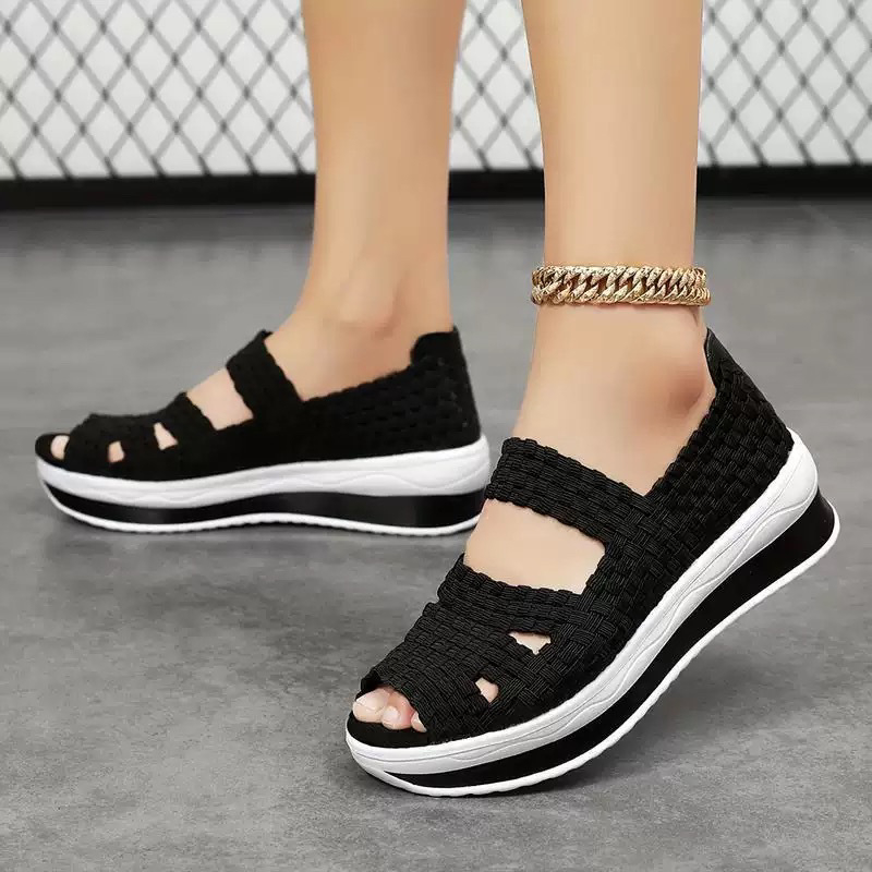 Suaugusiųjų sportiniai sandalai, viršutinė medžiaga iš audinio, EVA padas, piršto forma kaip žuvies burna, klininis kulnas, pado storis 3–5 cm