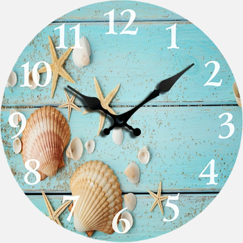 Nástenné hodiny s tropickým motívom mušlí a morských hviezd s pieskom, kruhový drevený rám, štýl olejomaľba, do obývačky