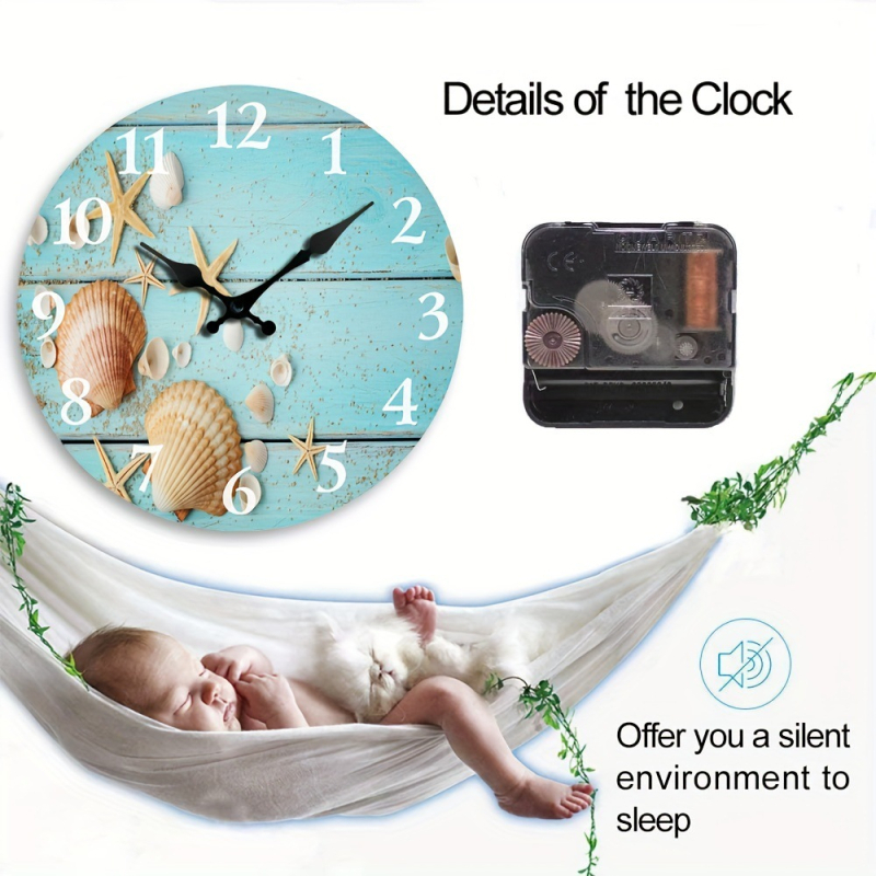 Ceas de perete cu motiv tropical scoici și stele de mare cu nisip, ramă circulară din lemn, stil pictură în ulei, pentru living