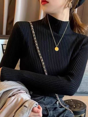 Pulover slim-fit din viscoză cu fir core-spun, mâneci lungi, guler semi-înalt, culoare solidă, grosime medie