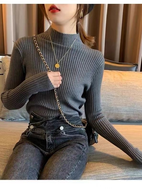 Pulover slim-fit din viscoză cu fir core-spun, mâneci lungi, guler semi-înalt, culoare solidă, grosime medie