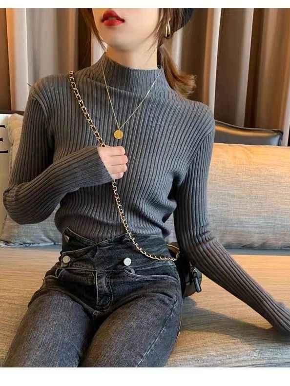 Pulover slim-fit din viscoză cu fir core-spun, mâneci lungi, guler semi-înalt, culoare solidă, grosime medie