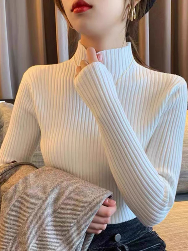 Pulover slim-fit din viscoză cu fir core-spun, mâneci lungi, guler semi-înalt, culoare solidă, grosime medie