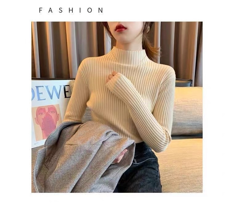 Pulover slim-fit din viscoză cu fir core-spun, mâneci lungi, guler semi-înalt, culoare solidă, grosime medie