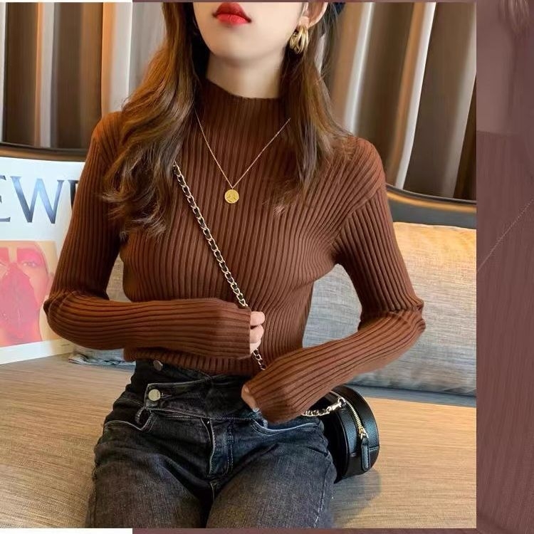 Pulover slim-fit din viscoză cu fir core-spun, mâneci lungi, guler semi-înalt, culoare solidă, grosime medie