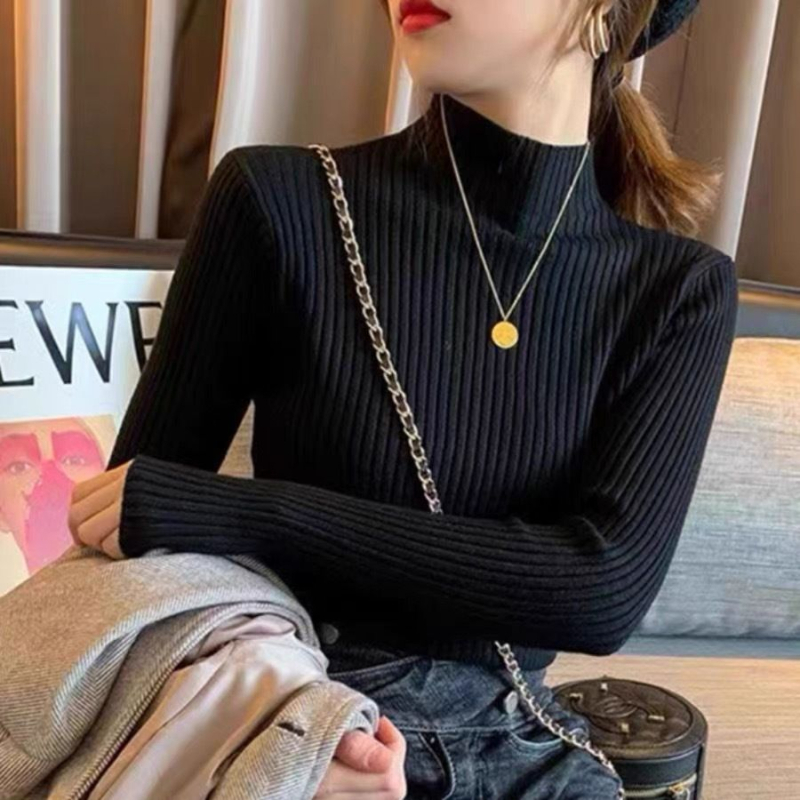 Pulover slim-fit din viscoză cu fir core-spun, mâneci lungi, guler semi-înalt, culoare solidă, grosime medie