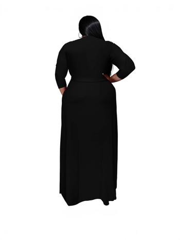 V-nyakú maxi ruha övvel a derekán, patchwork részlettel, oversize swing siluett, rugalmas poliészter-spandex keverék