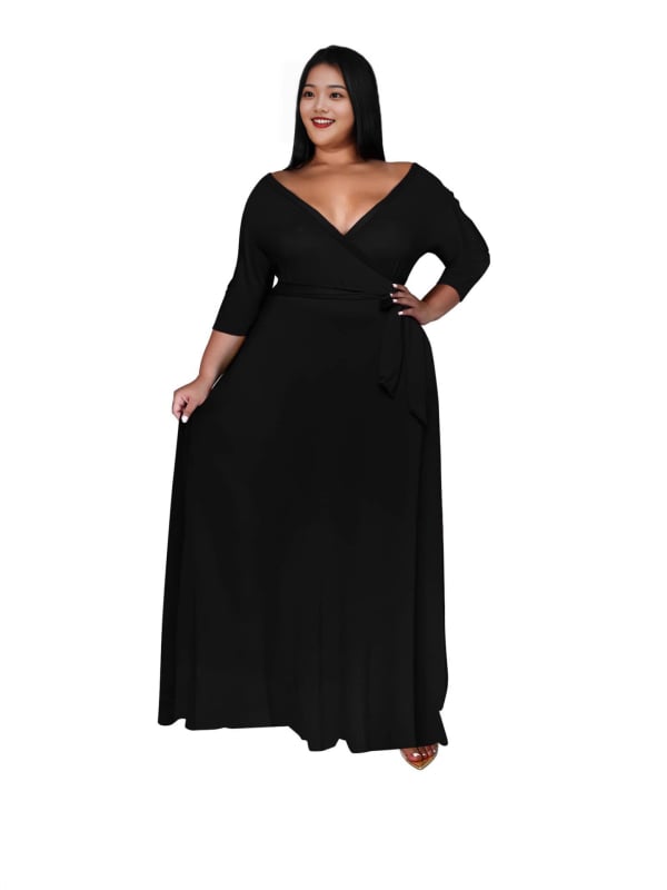 V-nyakú maxi ruha övvel a derekán, patchwork részlettel, oversize swing siluett, rugalmas poliészter-spandex keverék