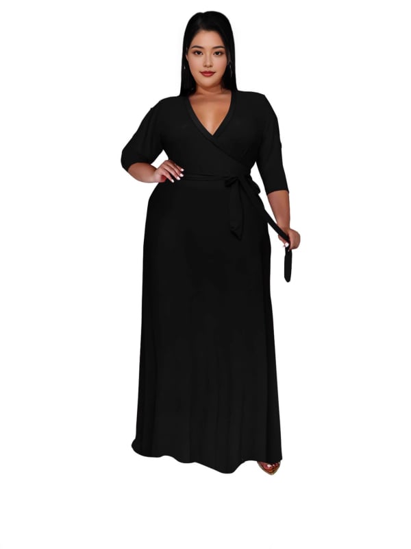 V-nyakú maxi ruha övvel a derekán, patchwork részlettel, oversize swing siluett, rugalmas poliészter-spandex keverék