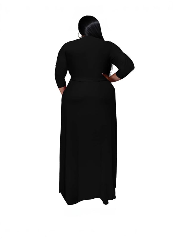 V-nyakú maxi ruha övvel a derekán, patchwork részlettel, oversize swing siluett, rugalmas poliészter-spandex keverék