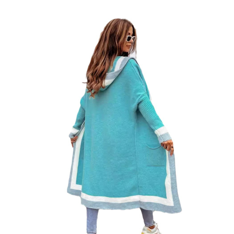 Cardigan lung cu glugă, din amestec de cașmir și acrilic, model curcubeu, croială lejeră