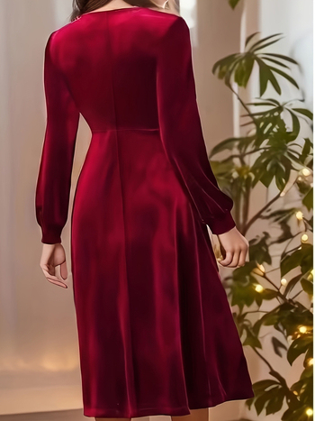 Hosszú A-vonalú ruha körny nyakkal és hosszú ujjal, Koreai bársony poliészter, gyűrődésmentes, derékban szorosító fazon, 2025 ősz-tél