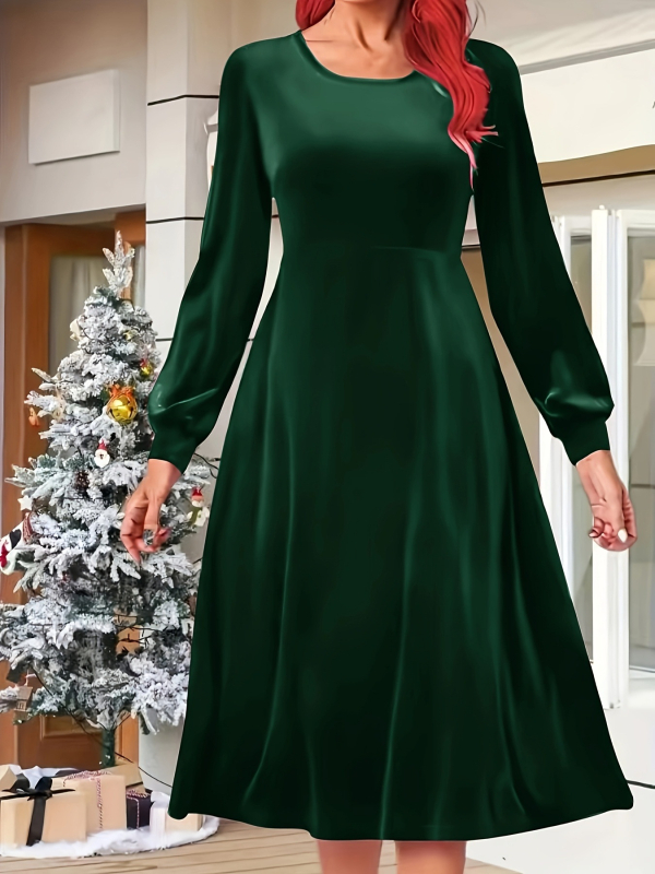 Hosszú A-vonalú ruha körny nyakkal és hosszú ujjal, Koreai bársony poliészter, gyűrődésmentes, derékban szorosító fazon, 2025 ősz-tél