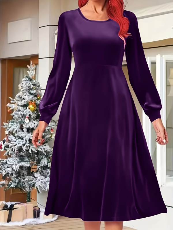 Hosszú A-vonalú ruha körny nyakkal és hosszú ujjal, Koreai bársony poliészter, gyűrődésmentes, derékban szorosító fazon, 2025 ősz-tél