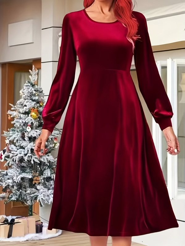 Hosszú A-vonalú ruha körny nyakkal és hosszú ujjal, Koreai bársony poliészter, gyűrődésmentes, derékban szorosító fazon, 2025 ősz-tél