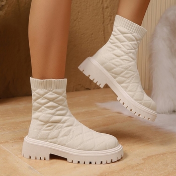 Botine tip șosetă pentru femei, stil european-american, partea superioară PU, talpă din cauciuc, până la gambe medii, vârf rotund, fermoar lateral