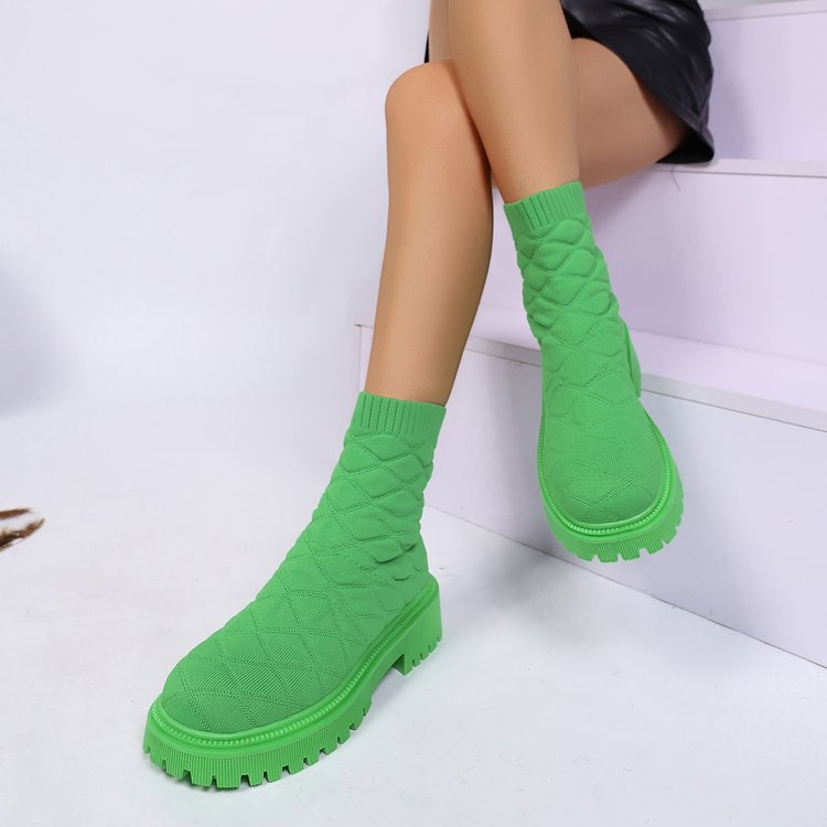 Botine tip șosetă pentru femei, stil european-american, partea superioară PU, talpă din cauciuc, până la gambe medii, vârf rotund, fermoar lateral