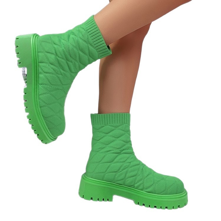 Botine tip șosetă pentru femei, stil european-american, partea superioară PU, talpă din cauciuc, până la gambe medii, vârf rotund, fermoar lateral