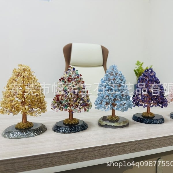 Strom života – citrínový kryštál, strom bohatstva s ručne pletenou meďovou drôtovou základňou, kancelárska ozdoba