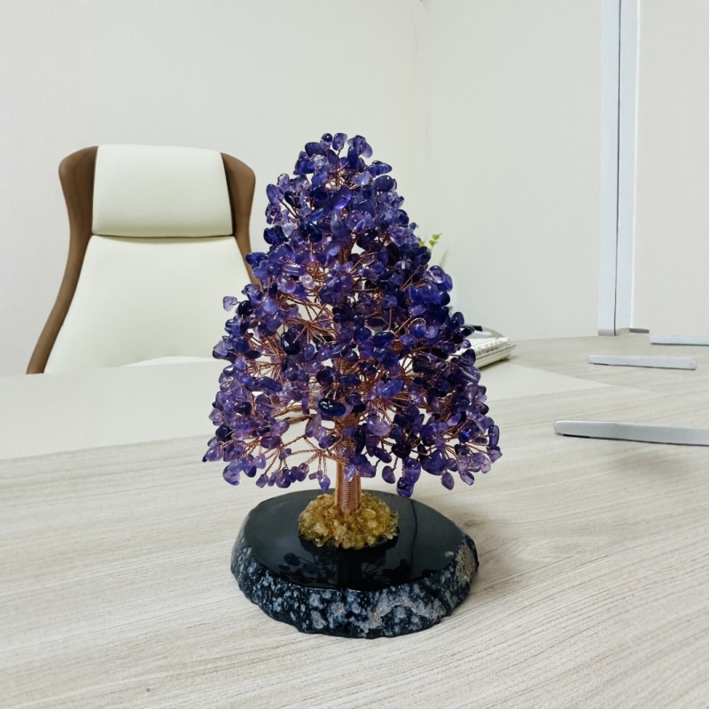 Strom života – citrínový kryštál, strom bohatstva s ručne pletenou meďovou drôtovou základňou, kancelárska ozdoba