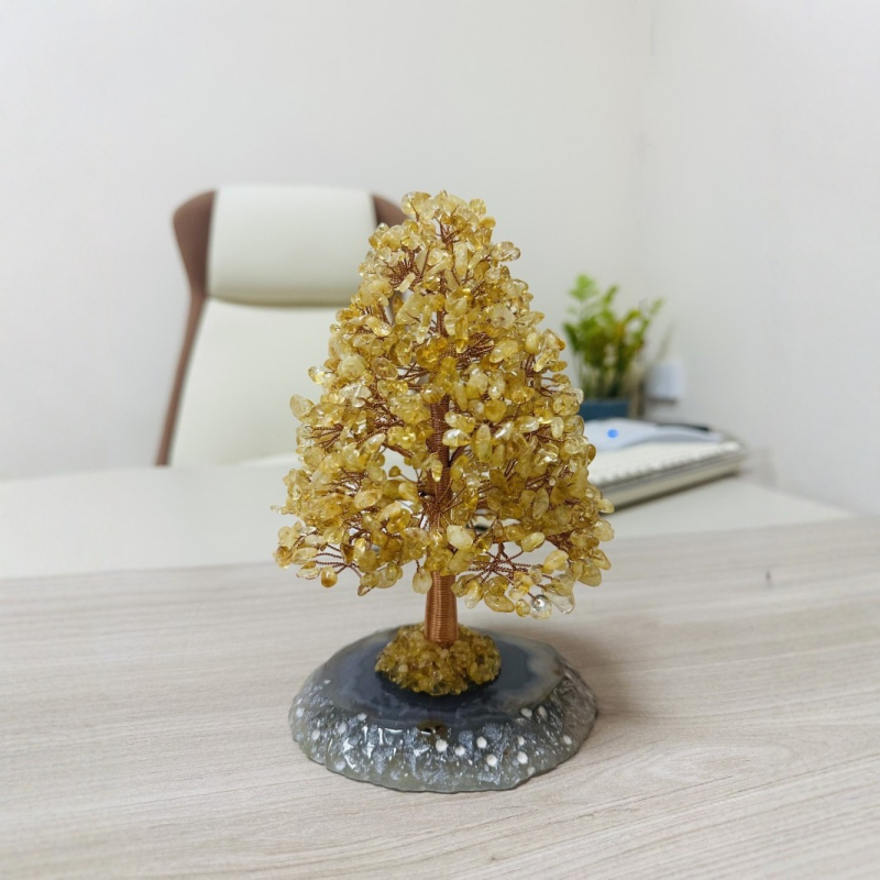 Strom života – citrínový kryštál, strom bohatstva s ručne pletenou meďovou drôtovou základňou, kancelárska ozdoba