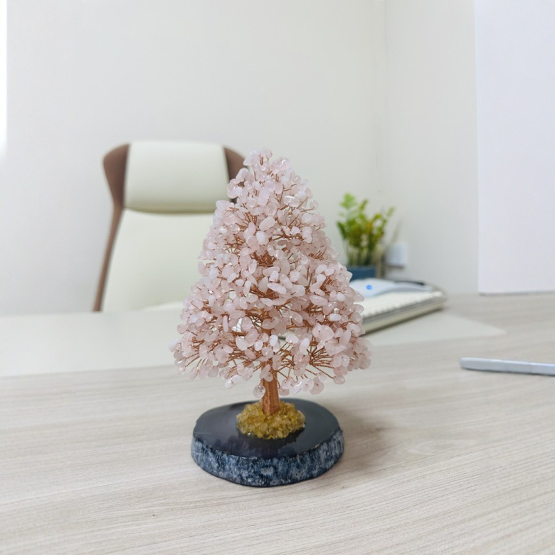 Strom života – citrínový kryštál, strom bohatstva s ručne pletenou meďovou drôtovou základňou, kancelárska ozdoba