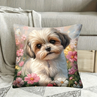 Párnahuzat koronával és virágmotívummal, tollas akcentussal, vintage Shih Tzu design (Poliészter; Modern egyszerű stílus; Nappali)