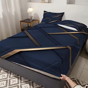 Комплект покривки за легло от три части с 3D дизайн и геометрични ивици, дигитален печат върху синтетично влакно