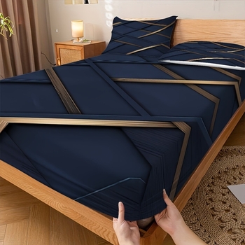 Комплект покривки за легло от три части с 3D дизайн и геометрични ивици, дигитален печат върху синтетично влакно