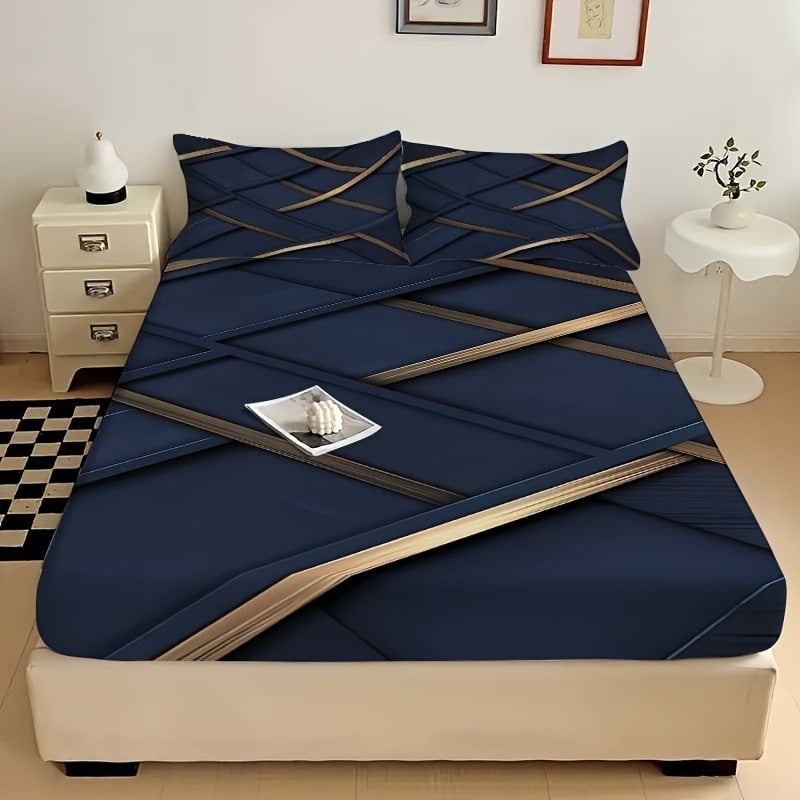 Trojdielny set posteľnej prikrývky s 3D dizajnom a geometrickými pruhmi, digitálny tlač na syntetických vláknach