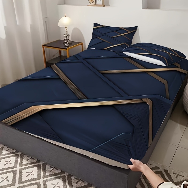 Trīsdaļīgs gultas pārklāja komplekts ar 3D dizainu un ģeometriskām svītrām, digitālā druka uz sintētiskās šķiedras