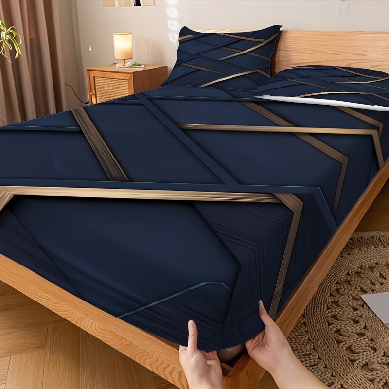 Trīsdaļīgs gultas pārklāja komplekts ar 3D dizainu un ģeometriskām svītrām, digitālā druka uz sintētiskās šķiedras