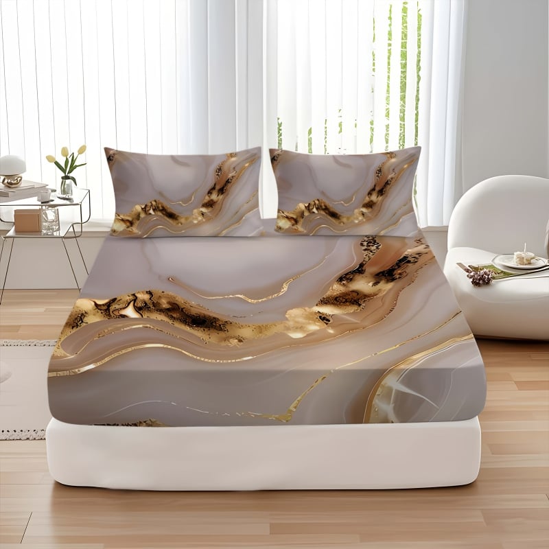 Комплект покривки за легло от три части с 3D дизайн и геометрични ивици, дигитален печат върху синтетично влакно