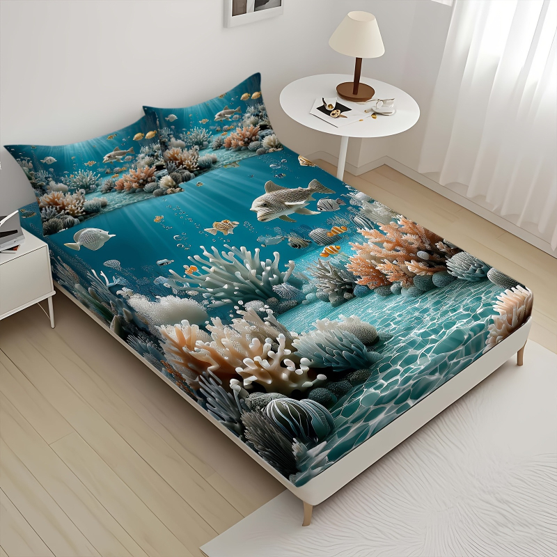 Комплект покривки за легло от три части с 3D дизайн и геометрични ивици, дигитален печат върху синтетично влакно