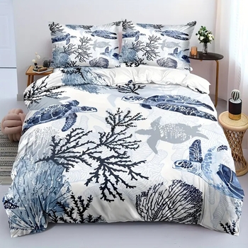 Комплект покривки за завивка с модел океанска костенурка, дигитален печат, химическо влакно, Nordic стил, три части