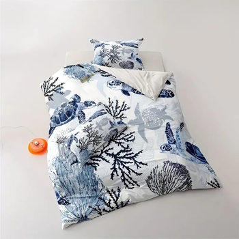 Комплект покривки за завивка с модел океанска костенурка, дигитален печат, химическо влакно, Nordic стил, три части