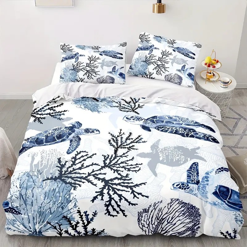 Комплект покривки за завивка с модел океанска костенурка, дигитален печат, химическо влакно, Nordic стил, три части