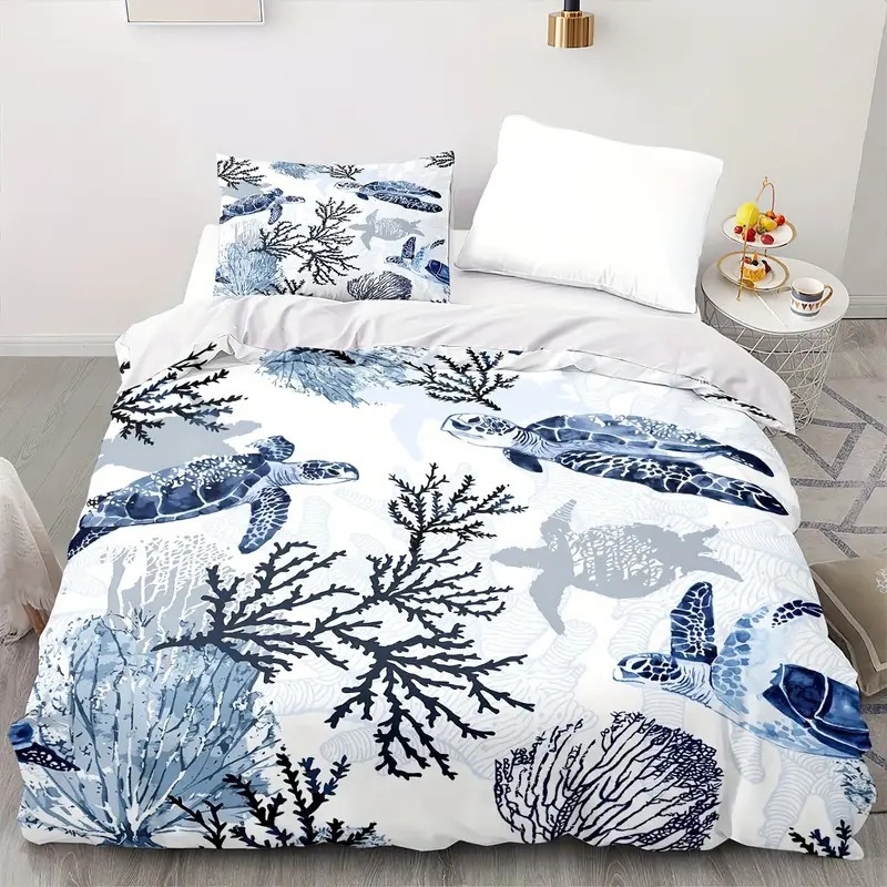 Комплект покривки за завивка с модел океанска костенурка, дигитален печат, химическо влакно, Nordic стил, три части