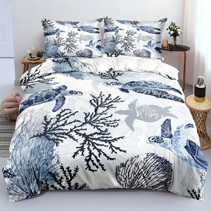 Комплект покривки за завивка с модел океанска костенурка, дигитален печат, химическо влакно, Nordic стил, три части